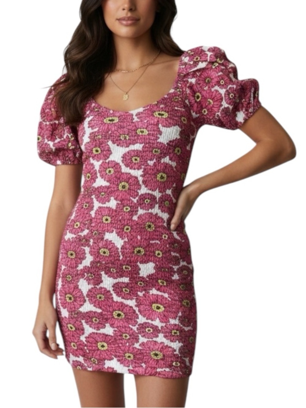 NWT ZARA Floral Print Balloon Short Sleeve Smocked Mini Dress Size Small